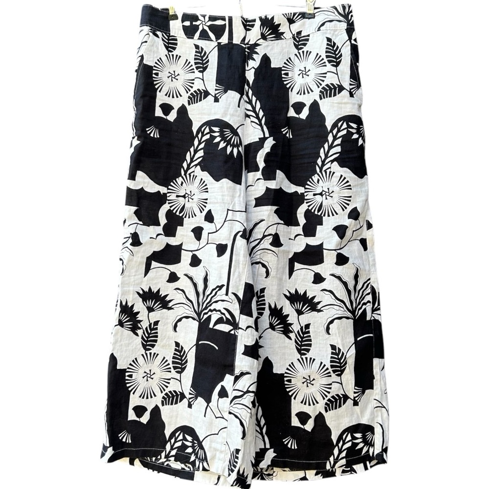 Nicole Miller 100% Linen Wide Leg Black and White Floral Elastic Waist Pants XL